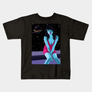 chica sentada con el fondo el espacio Kids T-Shirt